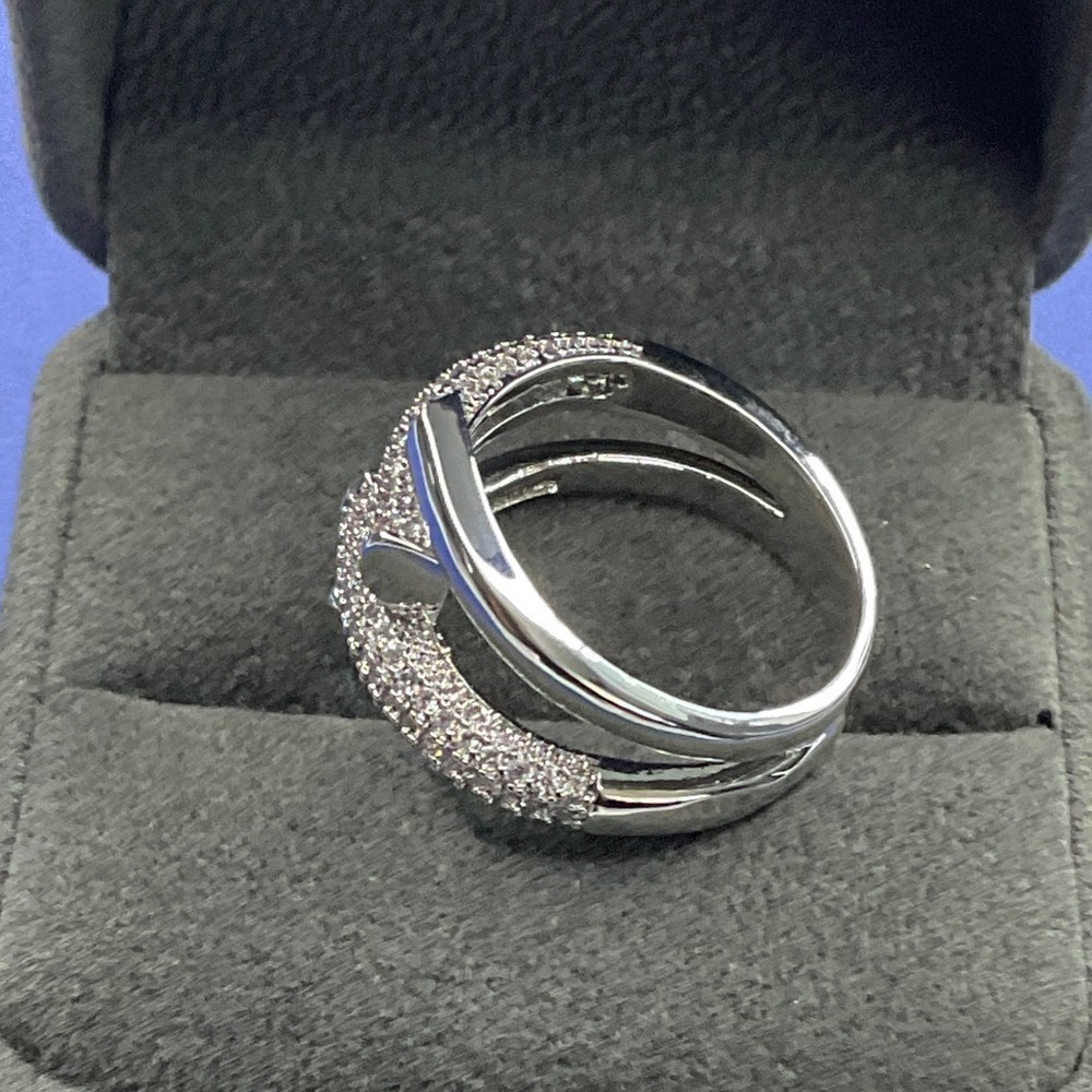 Ring Silver Tone Pave Crystal Multi-Band Bypass Statement Style New - Picture 3 of 4